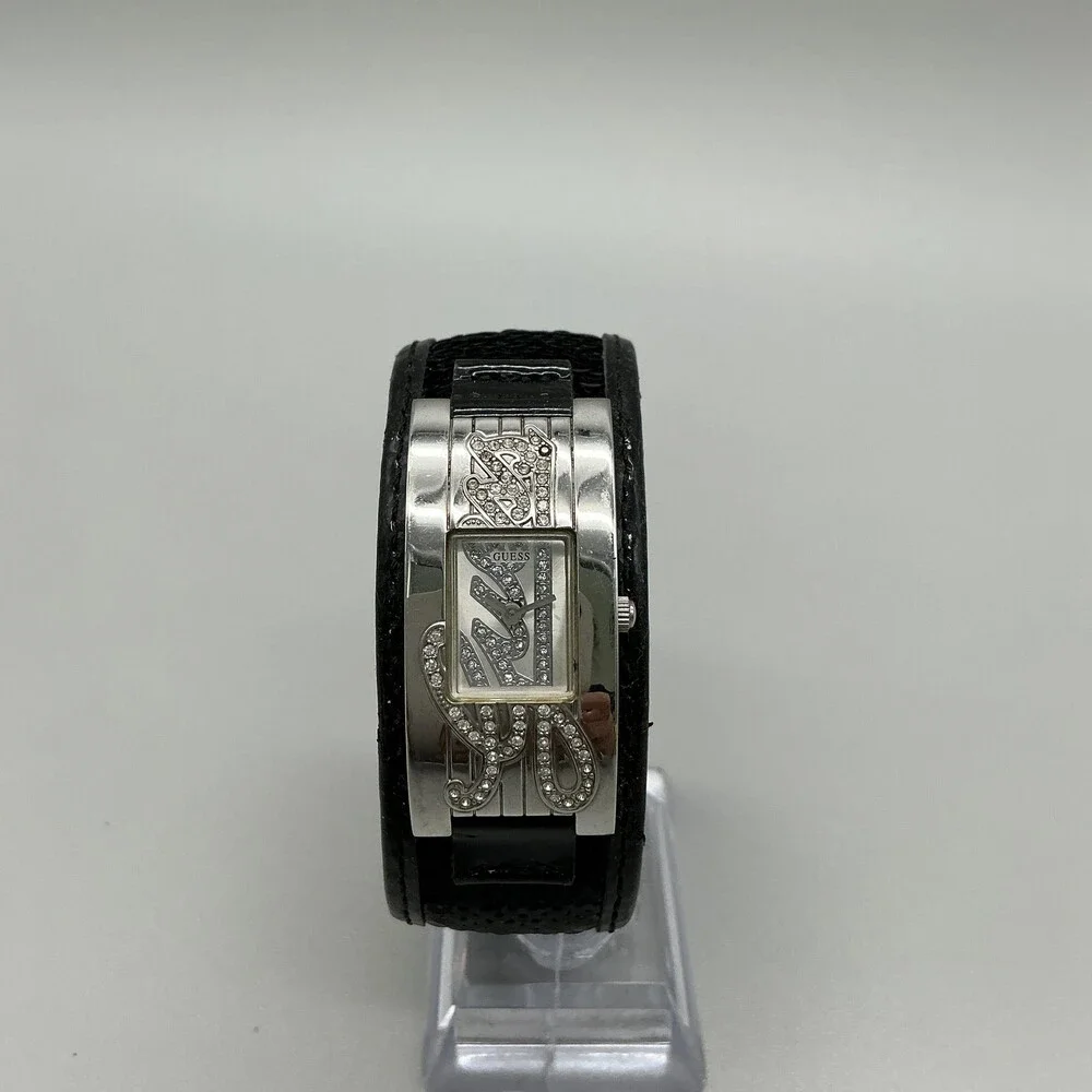Guess Womens Watch 20mm Silver Tone Black Leather Gem Logo Cuff New Battery